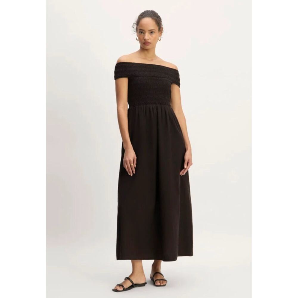 Everlane Gauze Smock Off The Shoulder Dress Medium Black Pockets Sleeveless